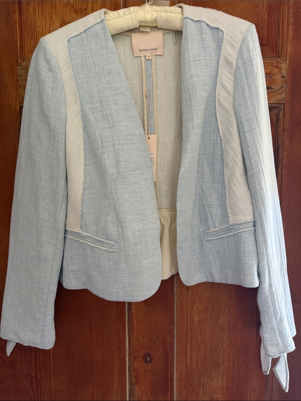 NWT Rebecca Taylor Pale Blue Open Textured Blazer with Cream Trim